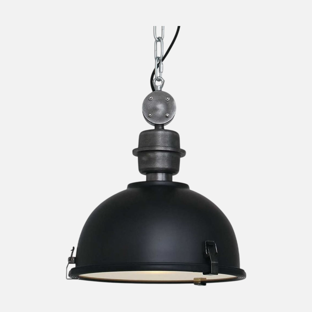 Suspension style industriel dôme métal noir Ø32 cm à diffuseur verre | Bikkel
