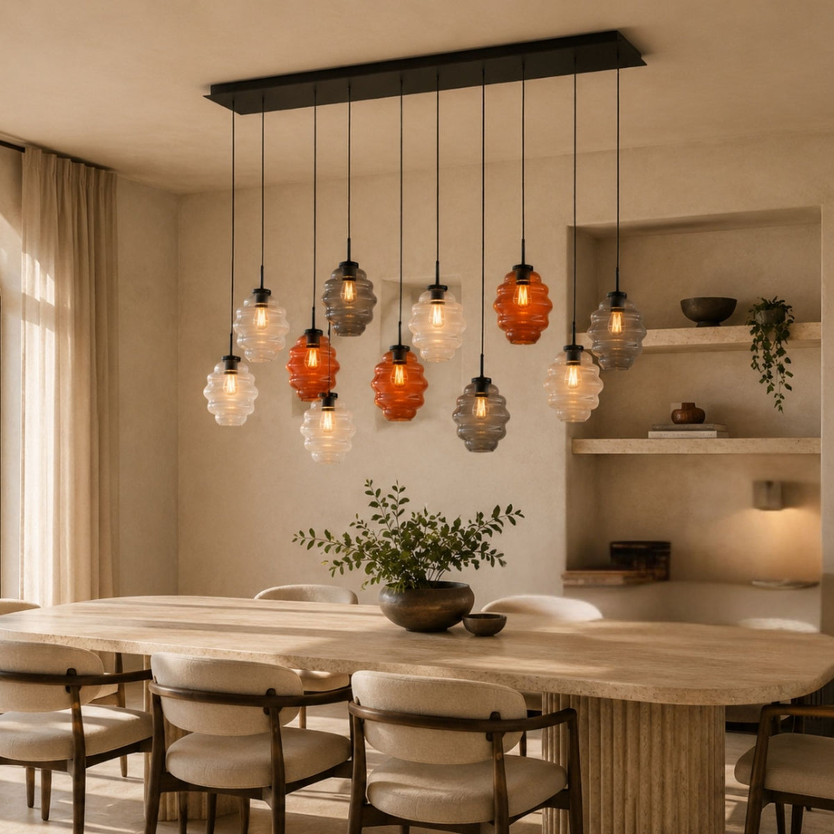 Suspension de table Echos 12 lumières sur 3 rangées, longueur 200 cm, verres Ø 18 cm