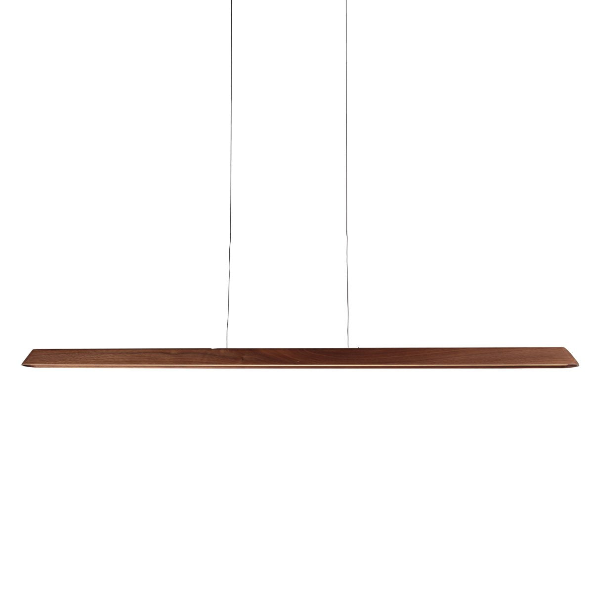 Suspension linéaire en bois brun, vue de face avec deux câbles fins.