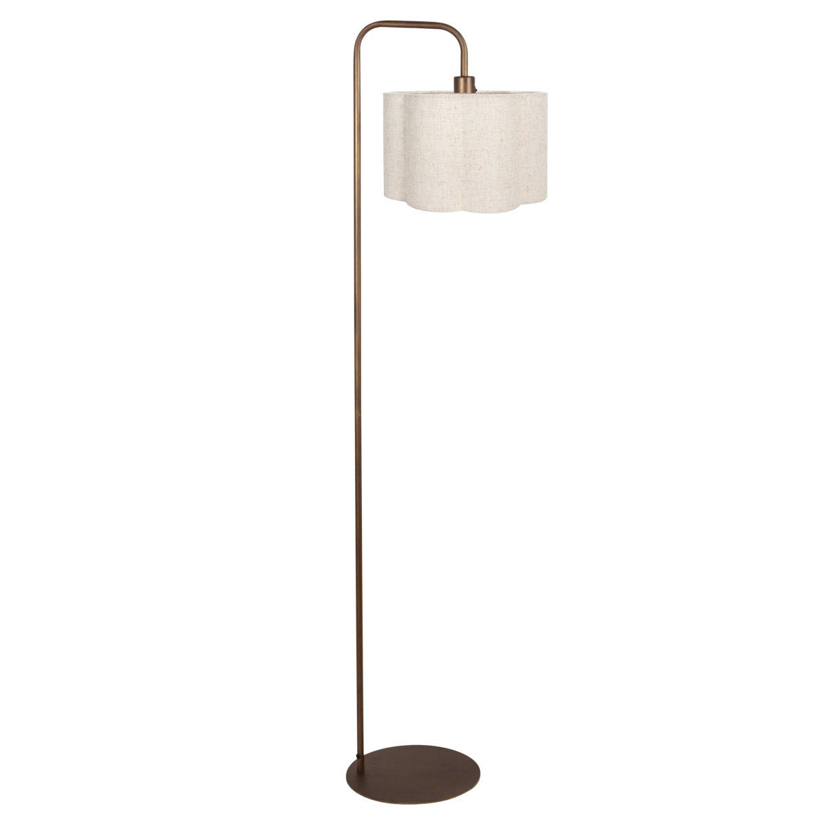 Lampadaire finition bronze avec abat-jour cylindrique crème et base ronde.