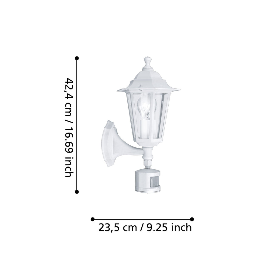 Schéma de dimensions de l'applique blanche : hauteur 42,4 cm, largeur 23,5 cm.