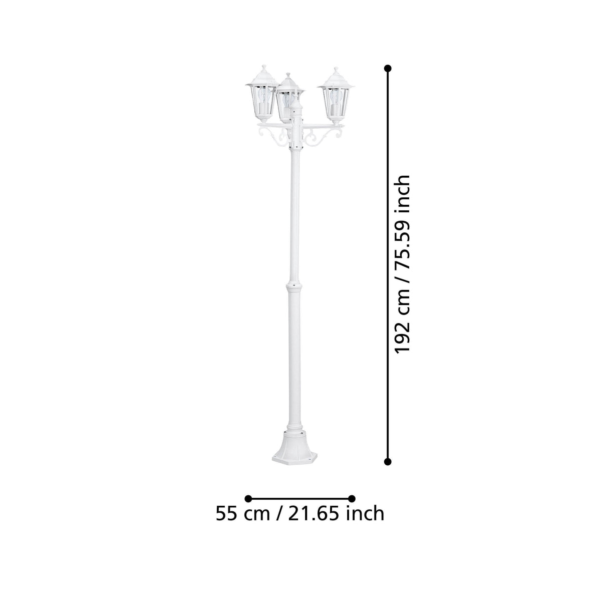 Schéma de dimensions indiquant la hauteur et la largeur du lampadaire