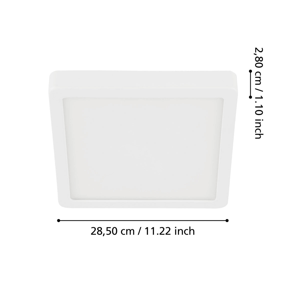 Schéma des dimensions : 28,50 cm de large et 2,80 cm d'épaisseur