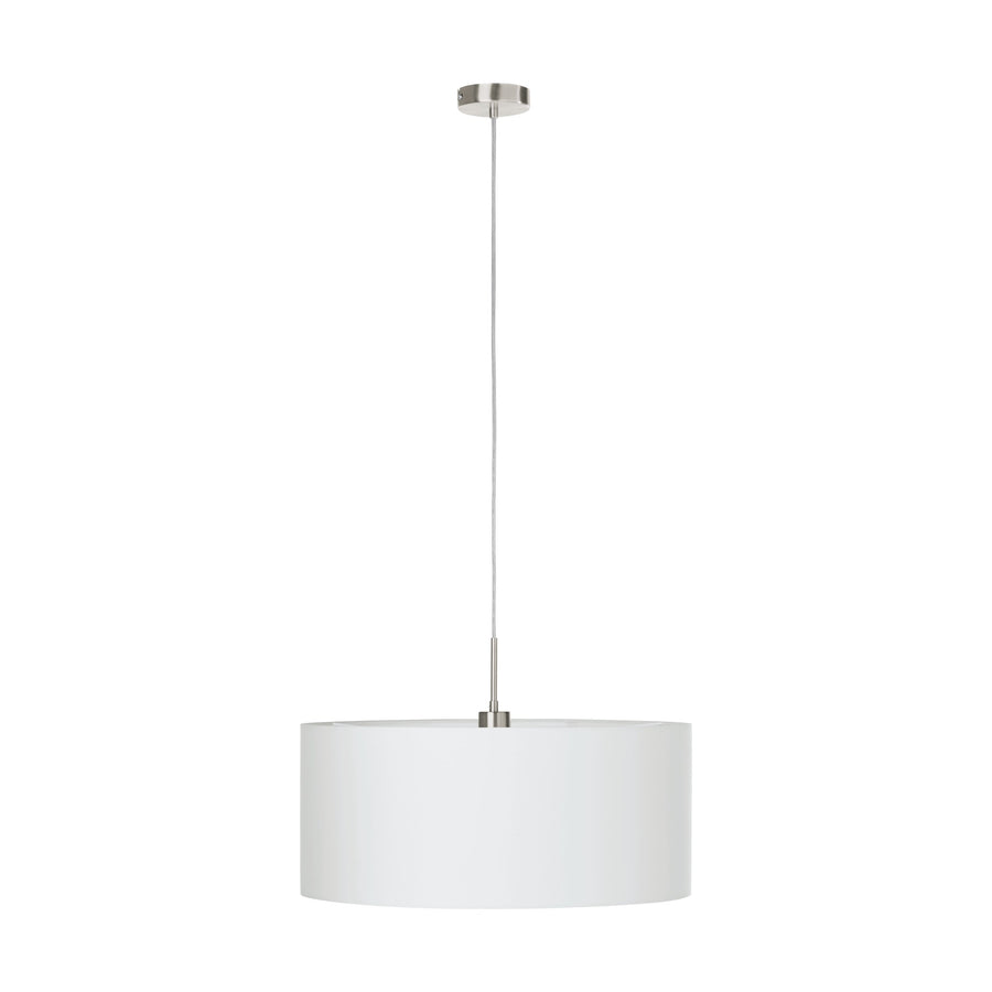 Produit de face sur fond blanc, montage acier brossé et câble de suspension