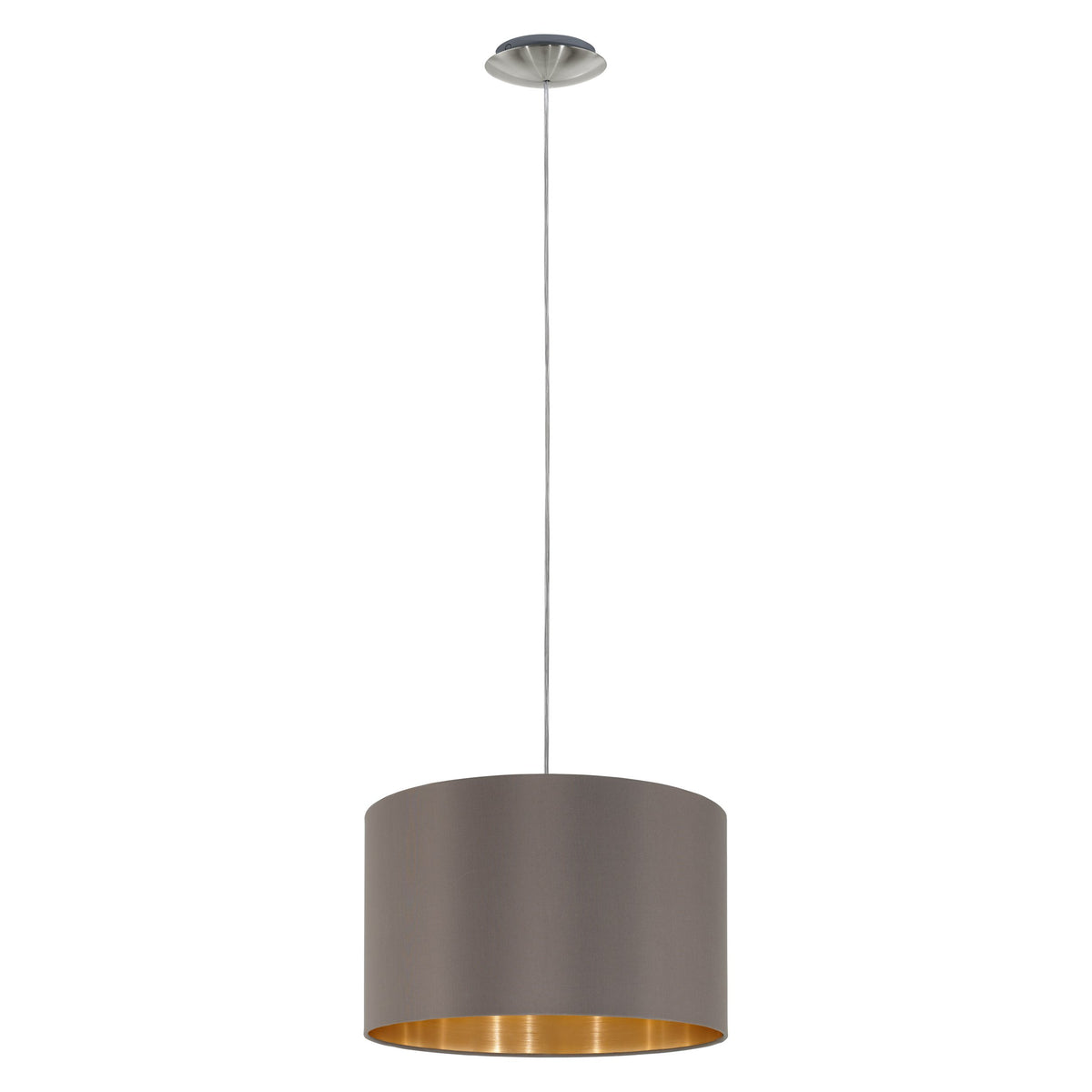 Produit de face sur fond blanc, abat-jour tambour et câble de suspension fin