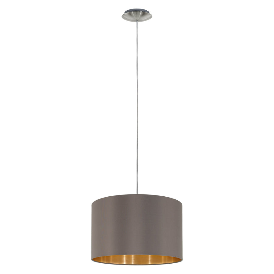 Produit de face sur fond blanc, abat-jour tambour et câble de suspension fin