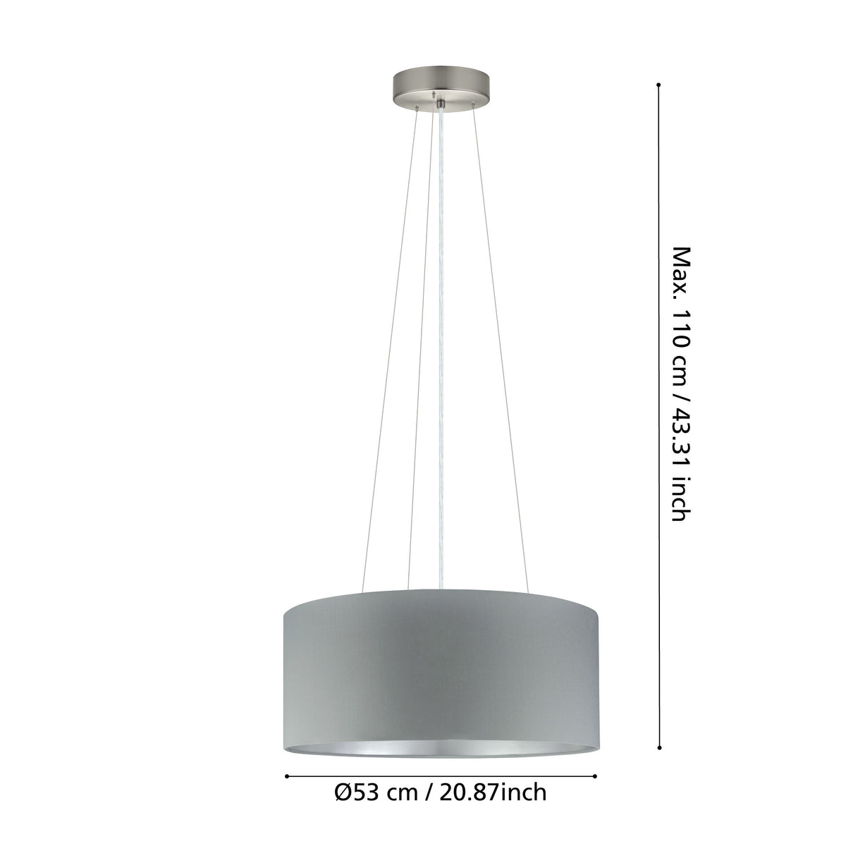 Suspension Maserlo 3 lumières grise et argentée, tissu