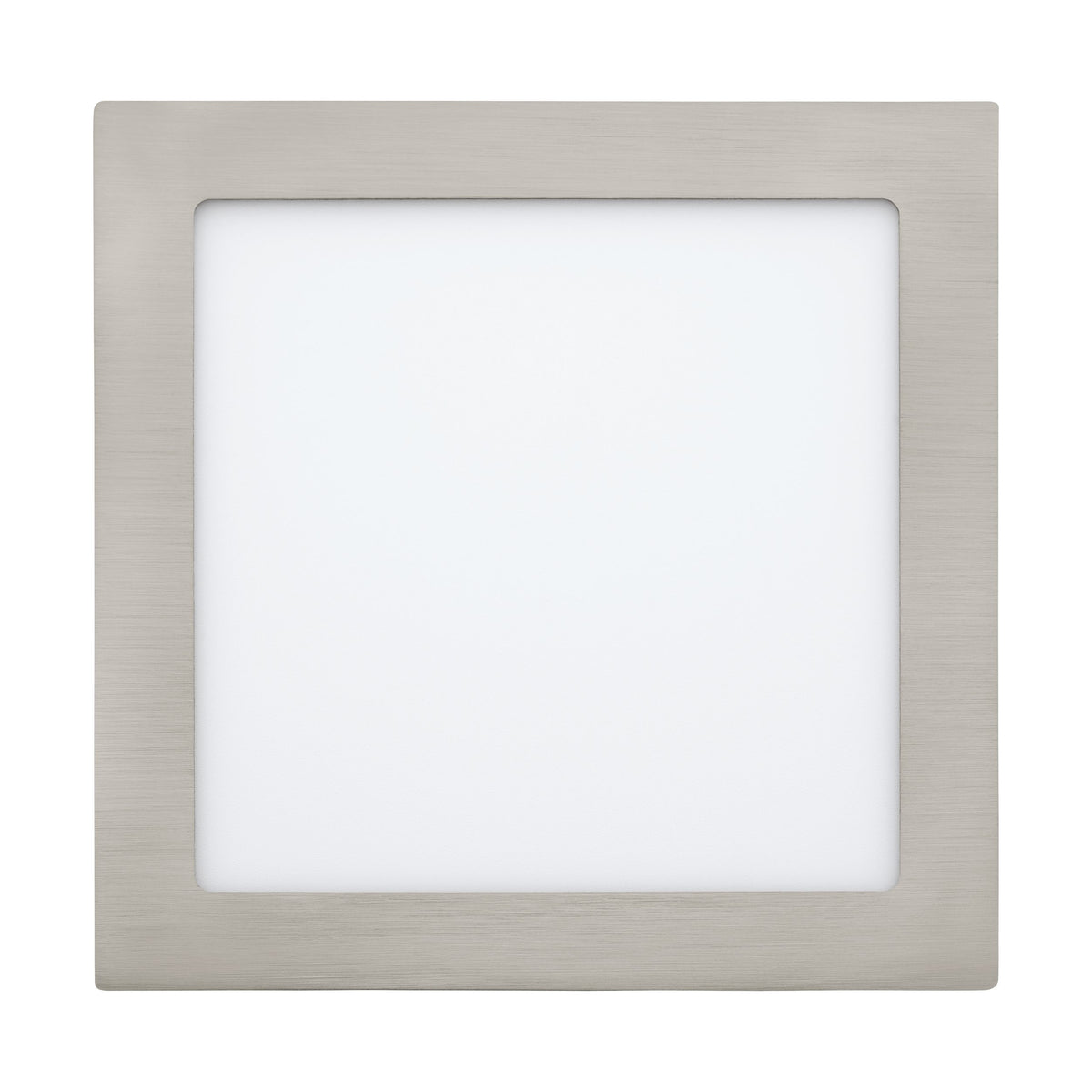Vue de face sur fond blanc du spot carré au contour nickel satiné