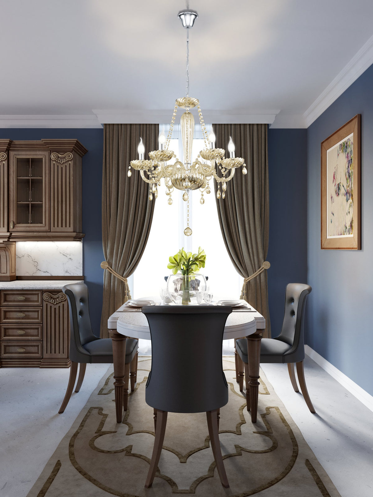 Mise en ambiance dans une salle à manger bleue avec table dressée et rideaux