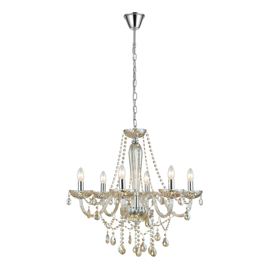 Lustre complet avec sa coupole de plafond chromée et ses six ampoules allumées