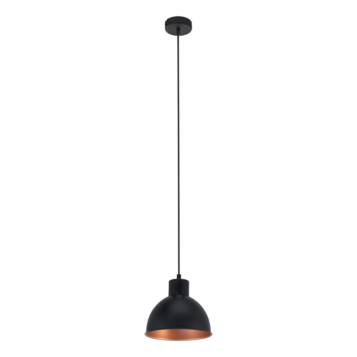 Vue de trois quarts du luminaire noir et cuivré suspendu