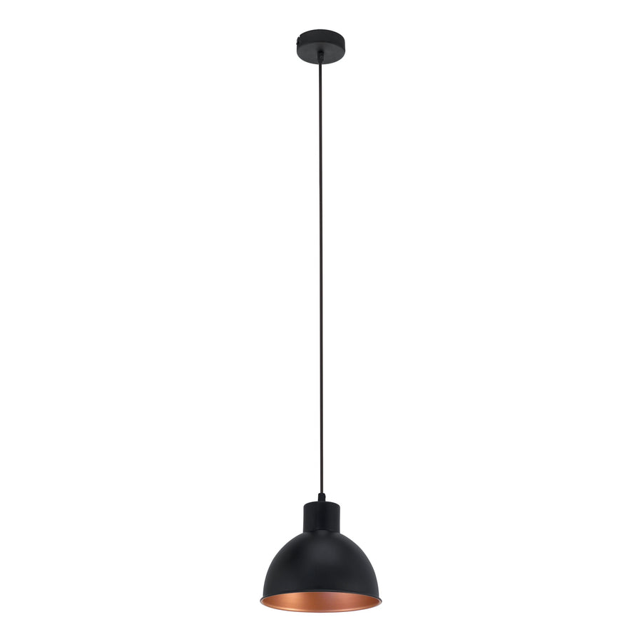 Vue de trois quarts du luminaire noir et cuivré suspendu