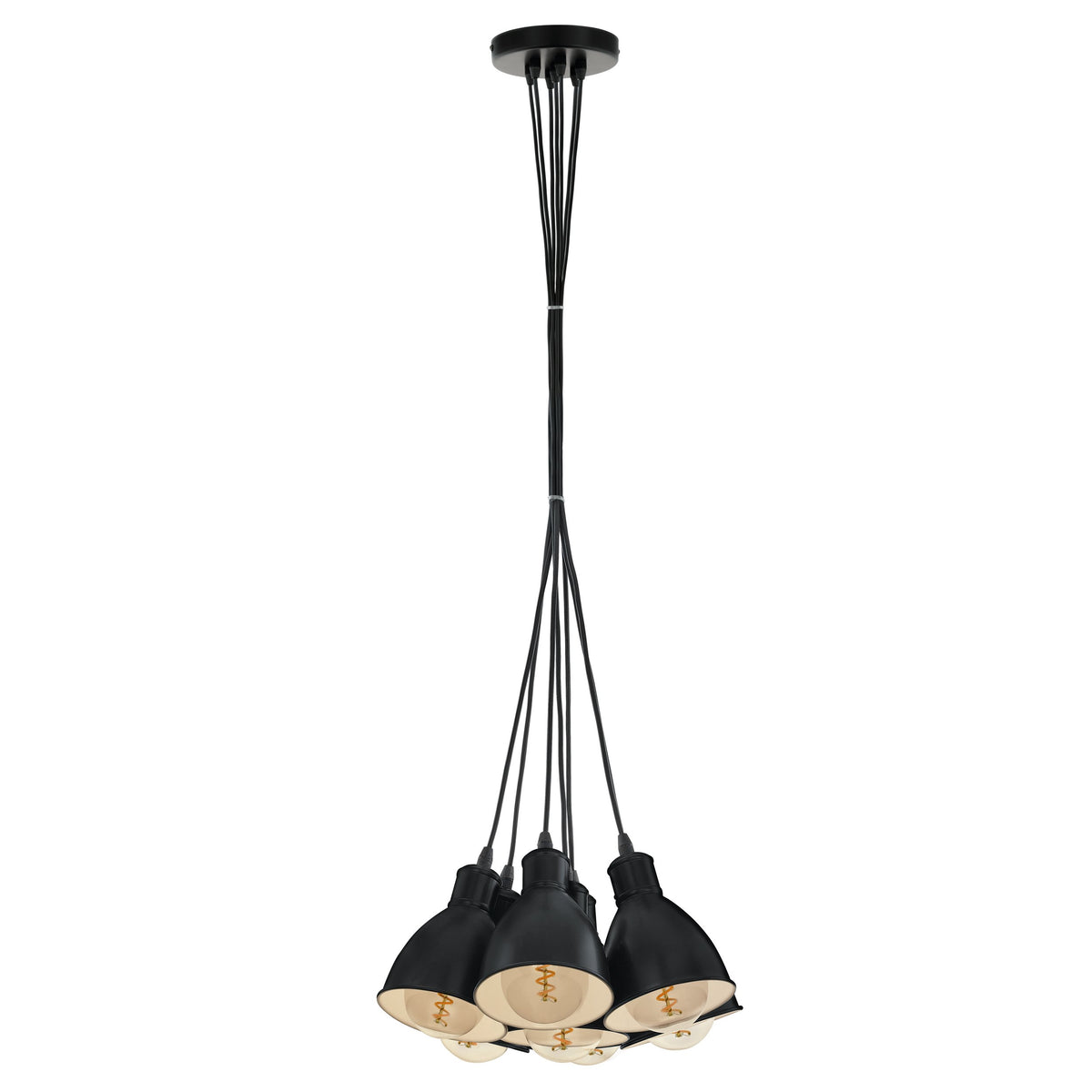 Suspension noire et blanche montrant les douilles et ampoules apparentes.