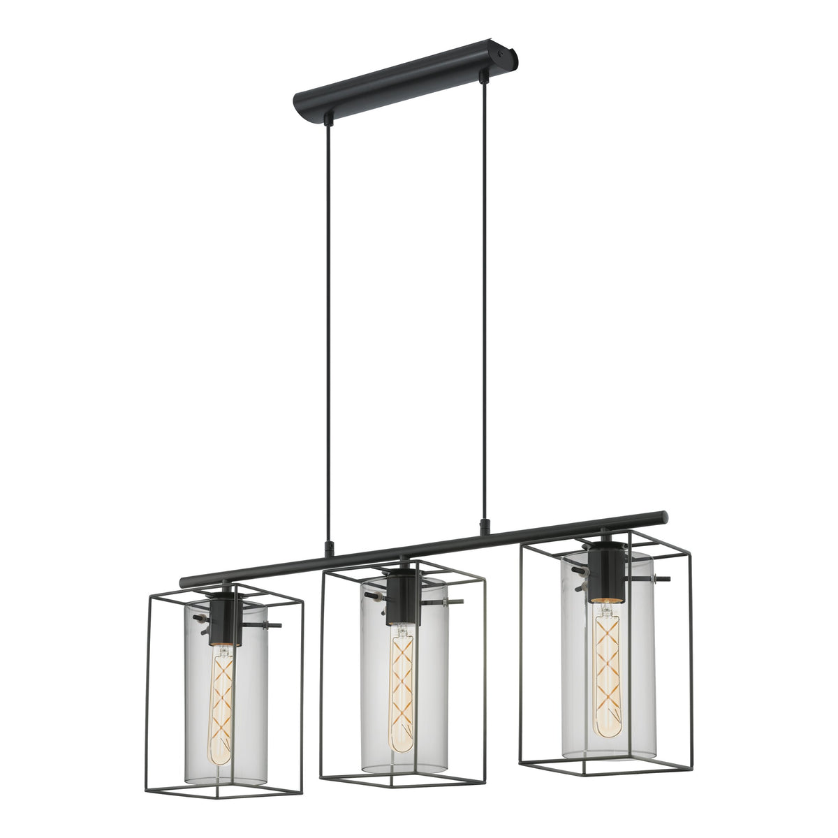 Second cliché du luminaire noir, montrant les trois cages alignées et ampoules à filament.