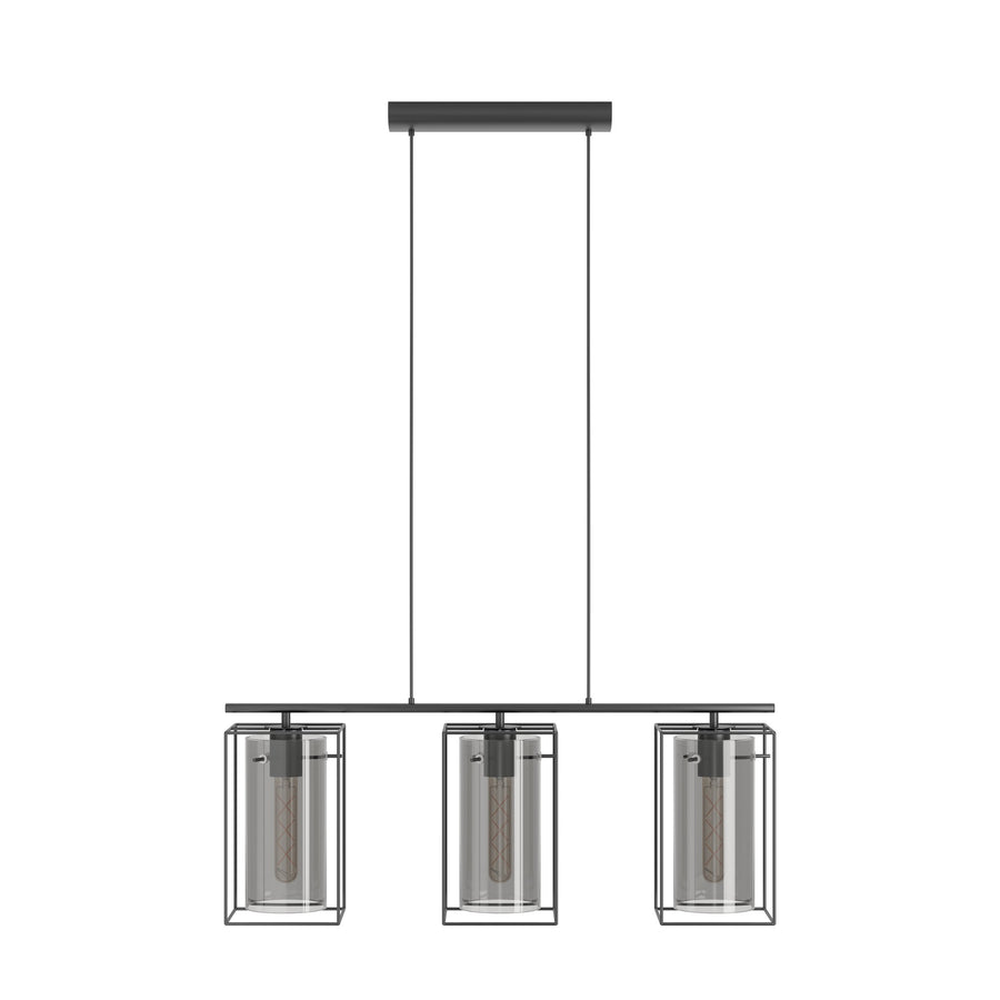 Vue de face du luminaire seul, câbles verticaux et trois cages alignées, fond blanc neutre.