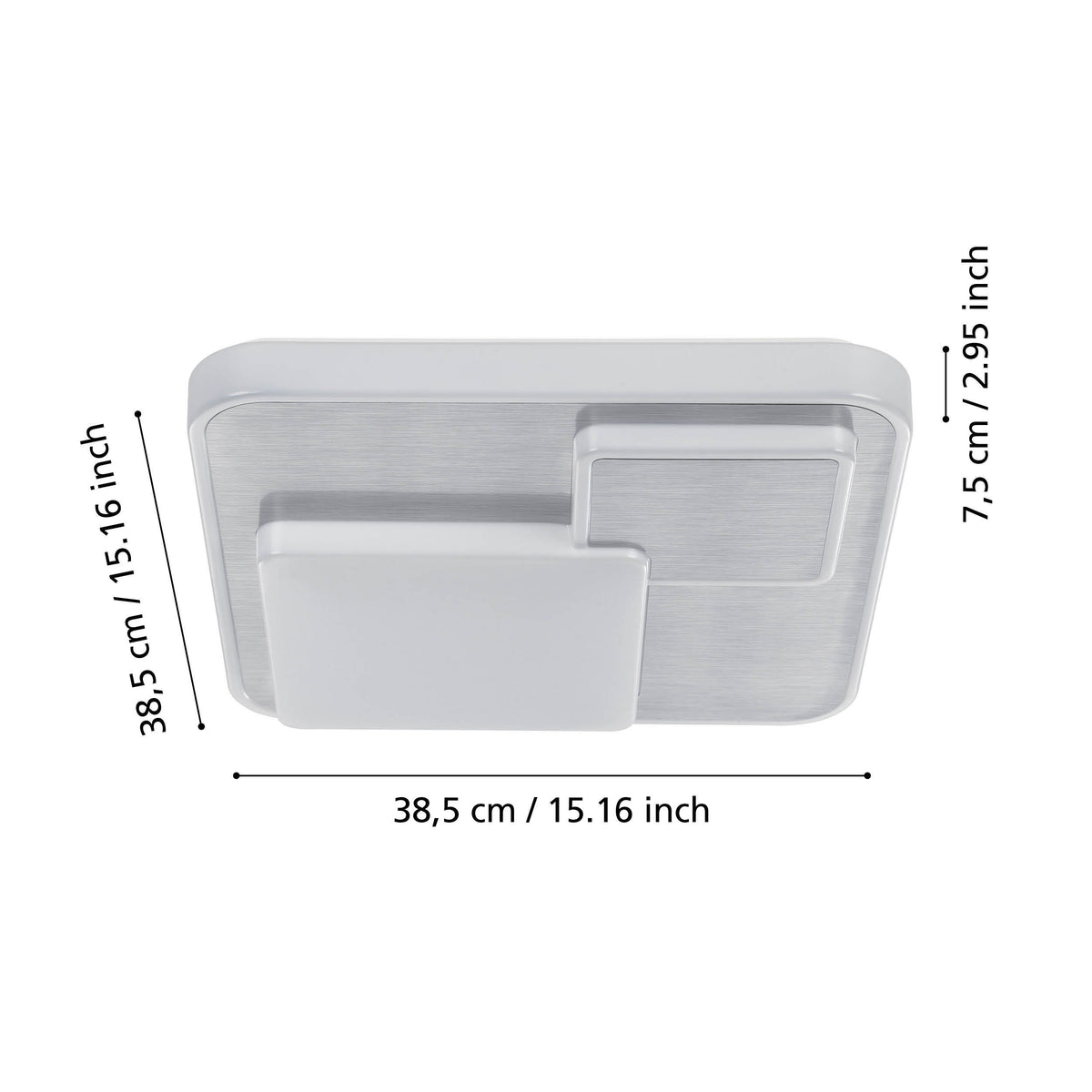 Schéma de dimensions indiquant 38,5 cm de côté et 7,5 cm de hauteur.