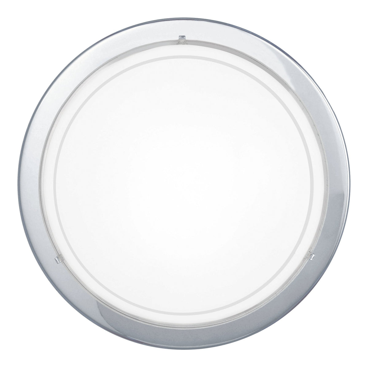Vue de face du luminaire rond avec cerclage argenté et diffuseur blanc.