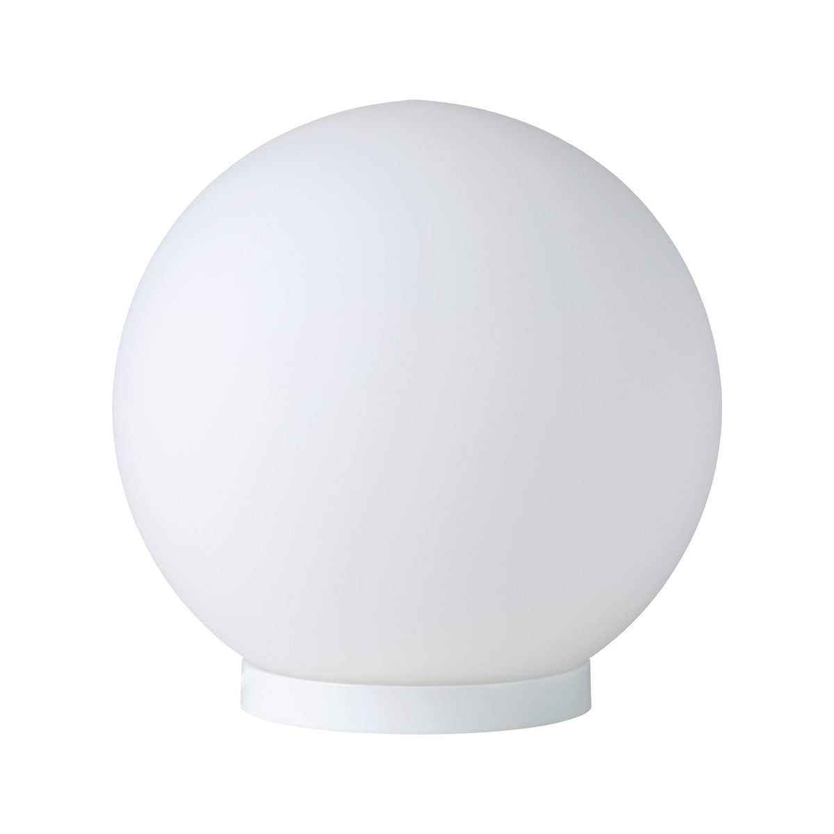 Produit de profil sur fond blanc, montrant la sphère et son socle cylindrique blanc
