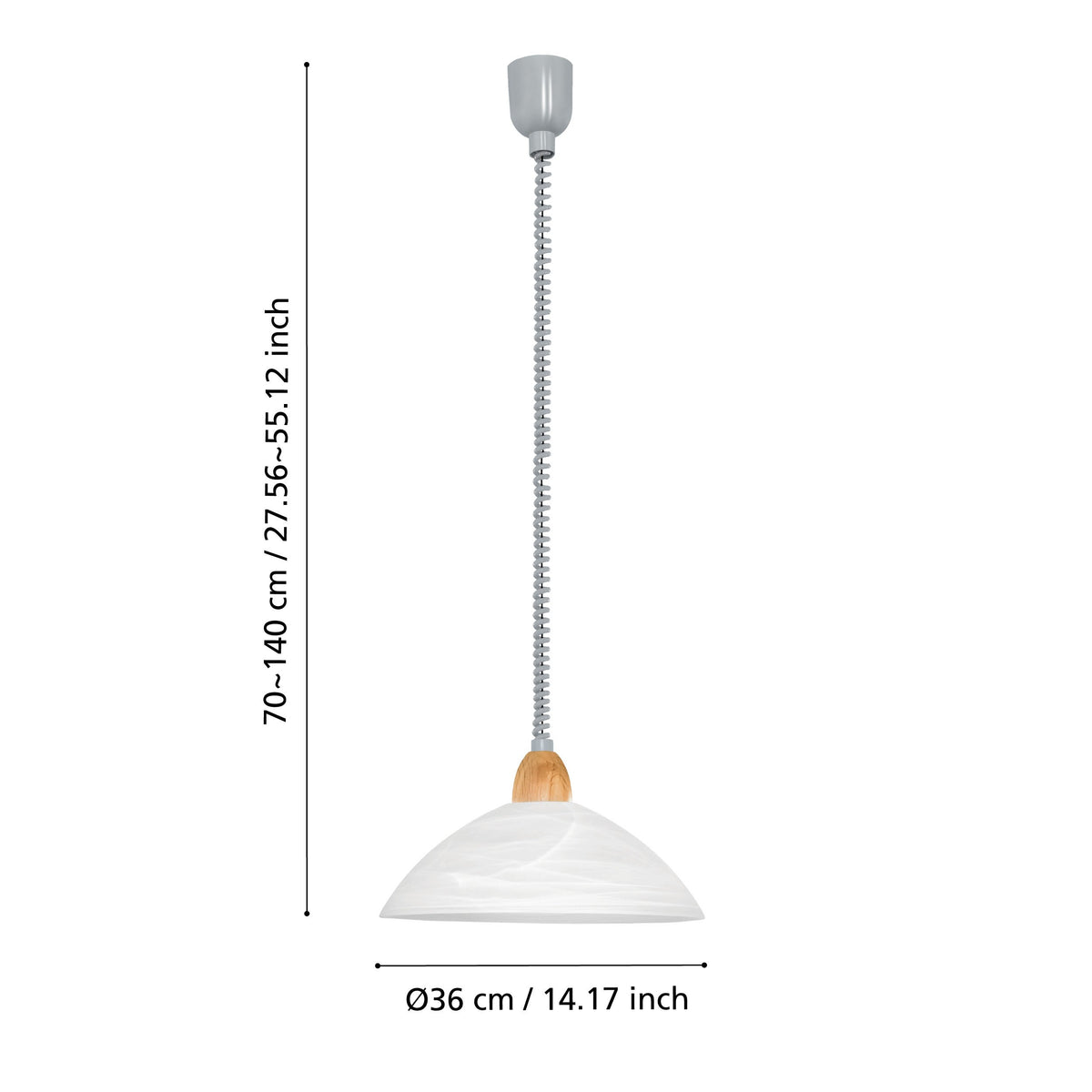 Schéma coté indiquant une hauteur réglable de 70 à 140 cm et un diamètre de 36 cm