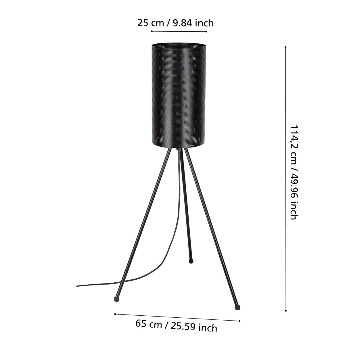 Schéma coté du lampadaire indiquant hauteur 114 cm, largeur 65 cm et diamètre 25 cm