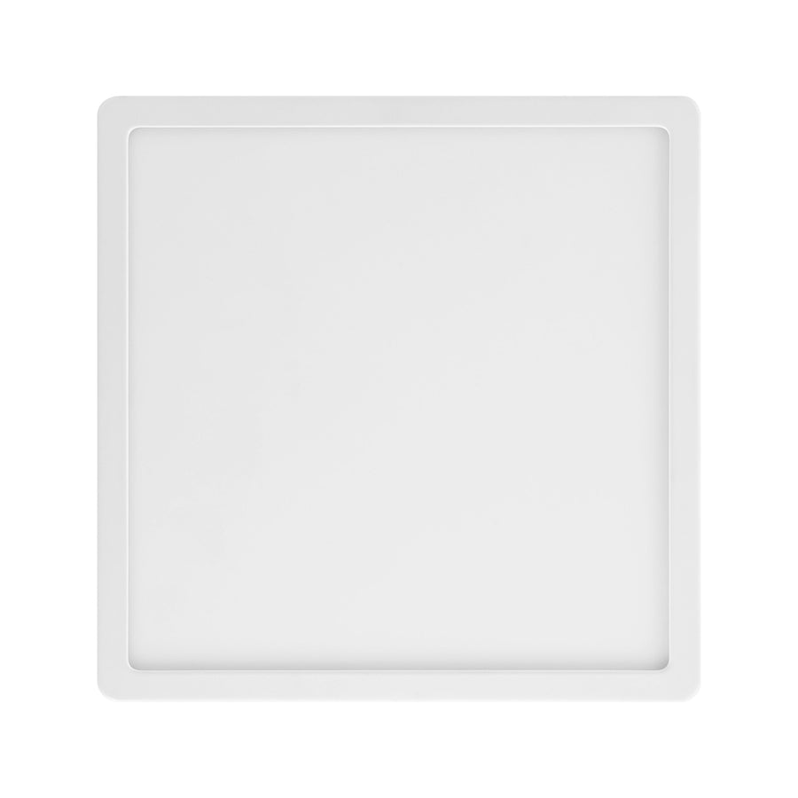 Vue de face d'un plafonnier carré blanc avec cadre et diffuseur opalin.