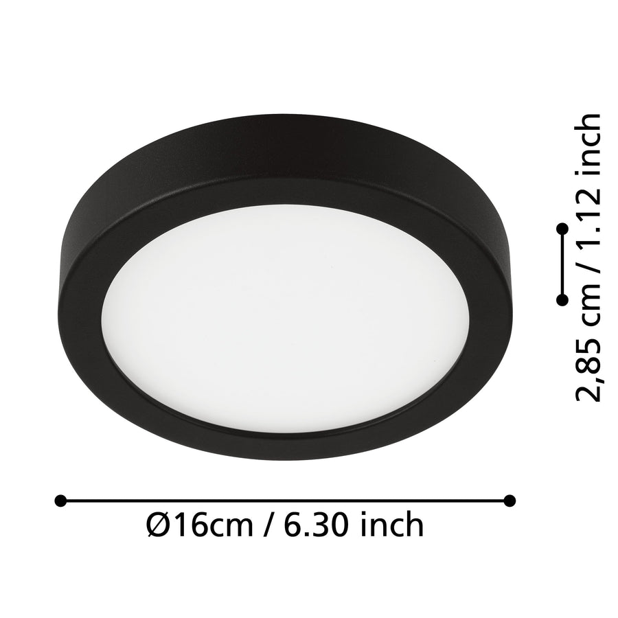 Schéma coté : diamètre 16 cm et hauteur 2,85 cm du plafonnier