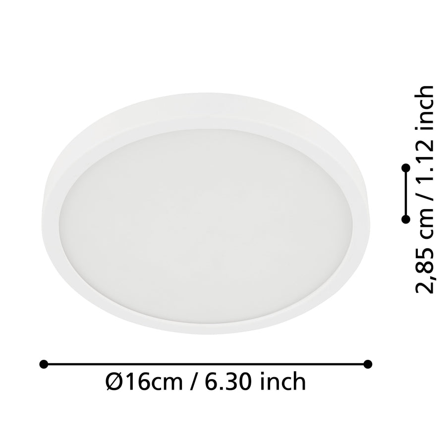 Schéma coté du plafonnier indiquant un diamètre de 16 cm pour 2,85 cm de hauteur