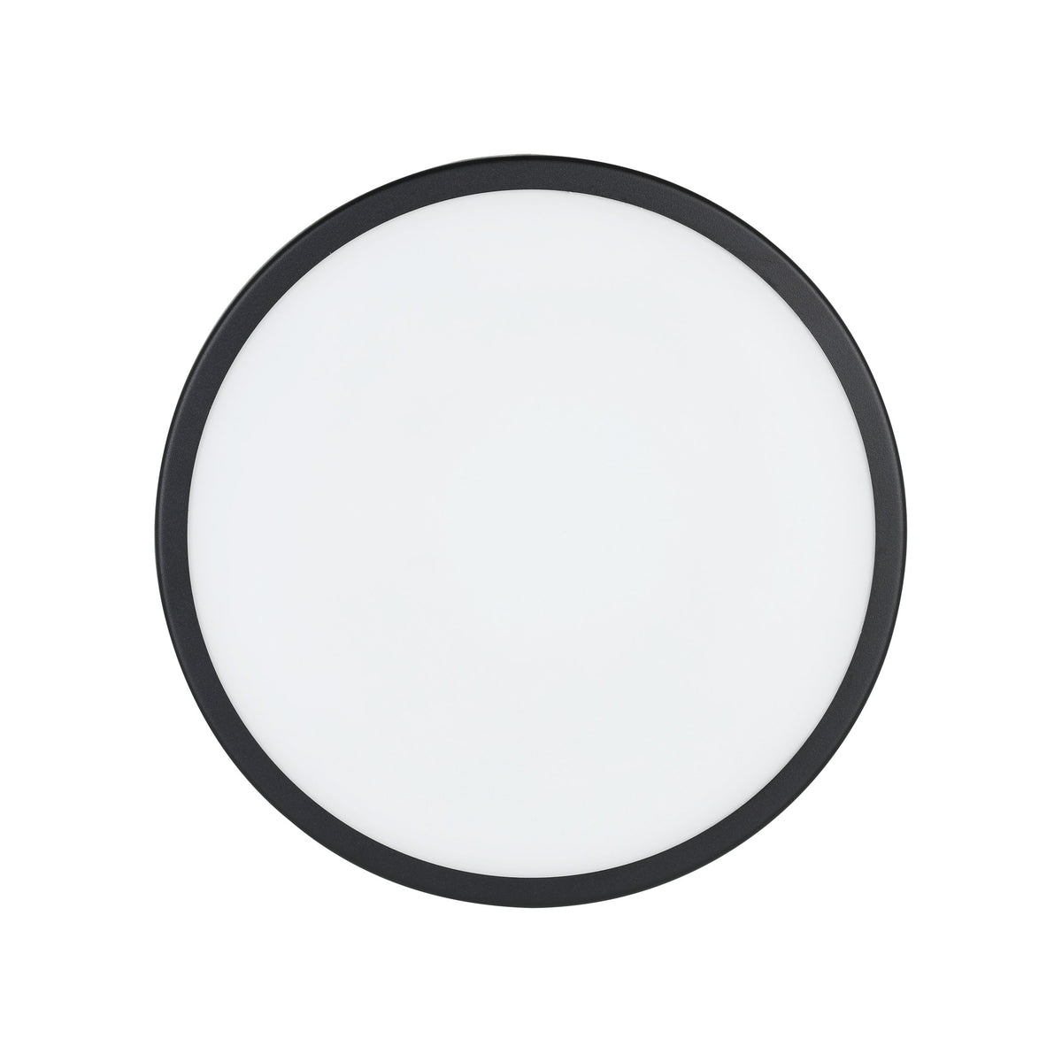Vue de dessous du plafonnier montrant le diffuseur blanc et l'anneau noir.