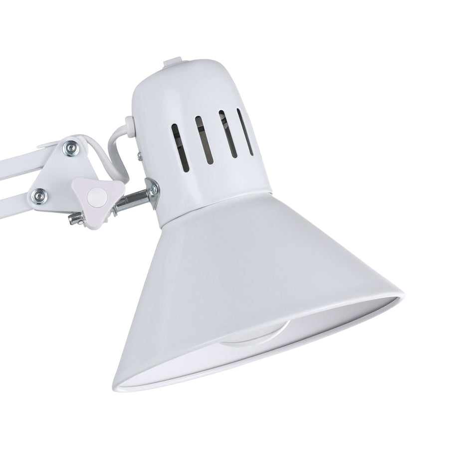 Gros plan sur l'abat-jour conique blanc et ses ouïes de ventilation