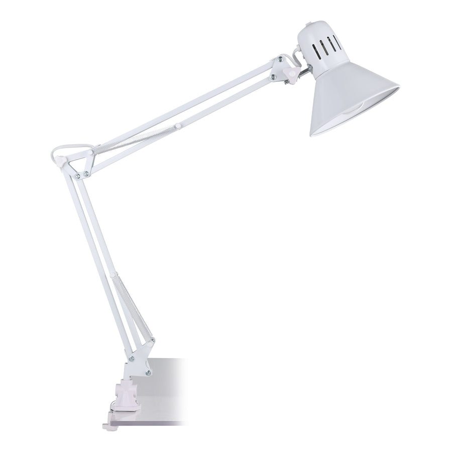 Vue de profil du luminaire articulé blanc déployé, pince de fixation visible