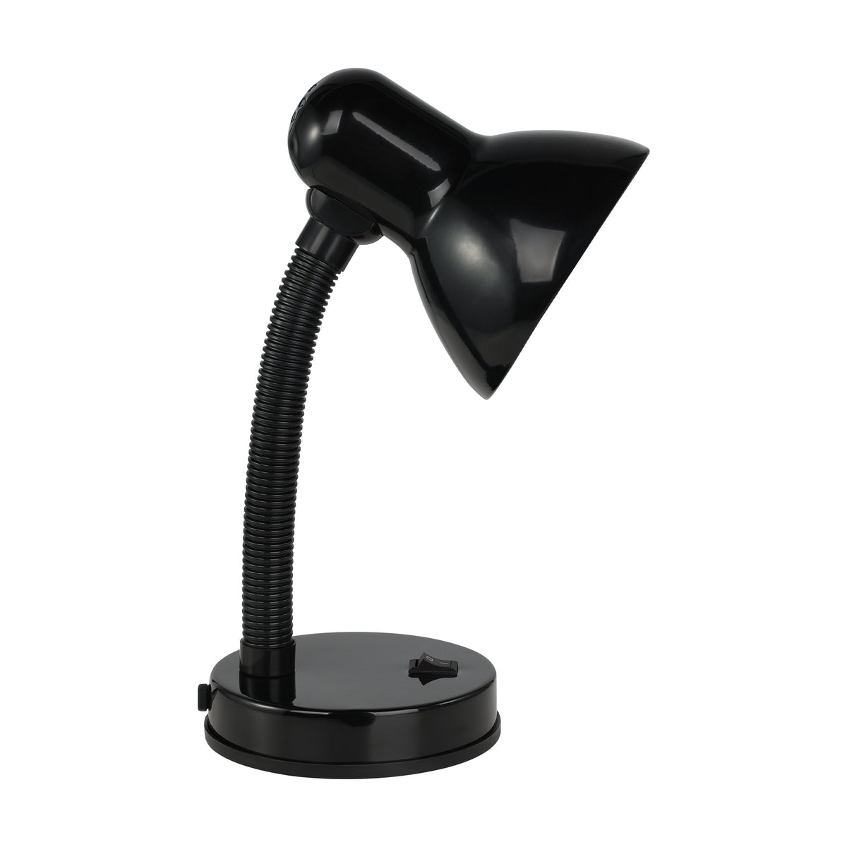 Vue de trois quarts de la lampe noire, base ronde, interrupteur et col strié.