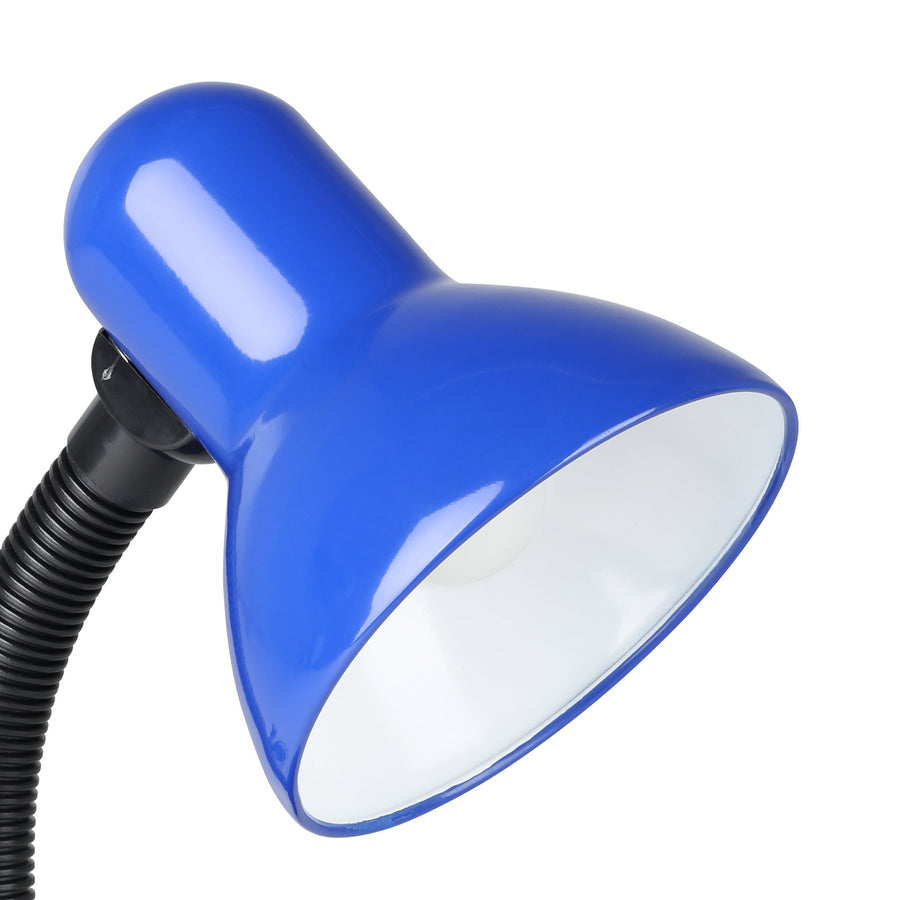 Gros plan sur l'abat-jour bleu brillant et le flexible noir.