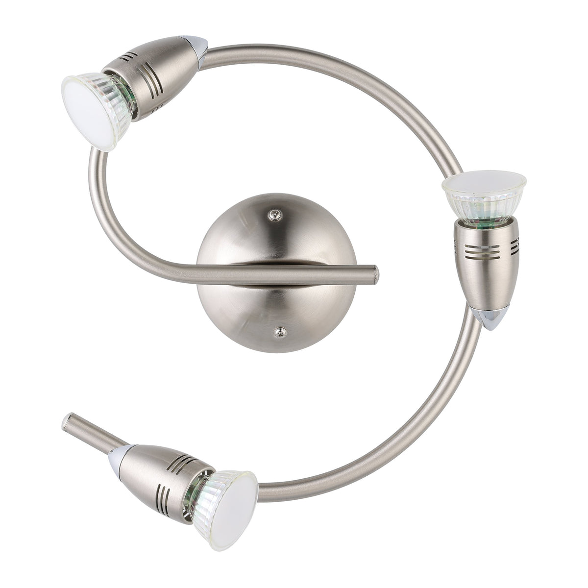 Vue de face du luminaire, spots orientés vers le bas sur fond blanc.