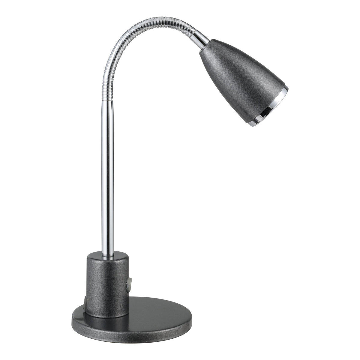 Lampe à poser chromée et noire présentée de profil sur fond blanc.