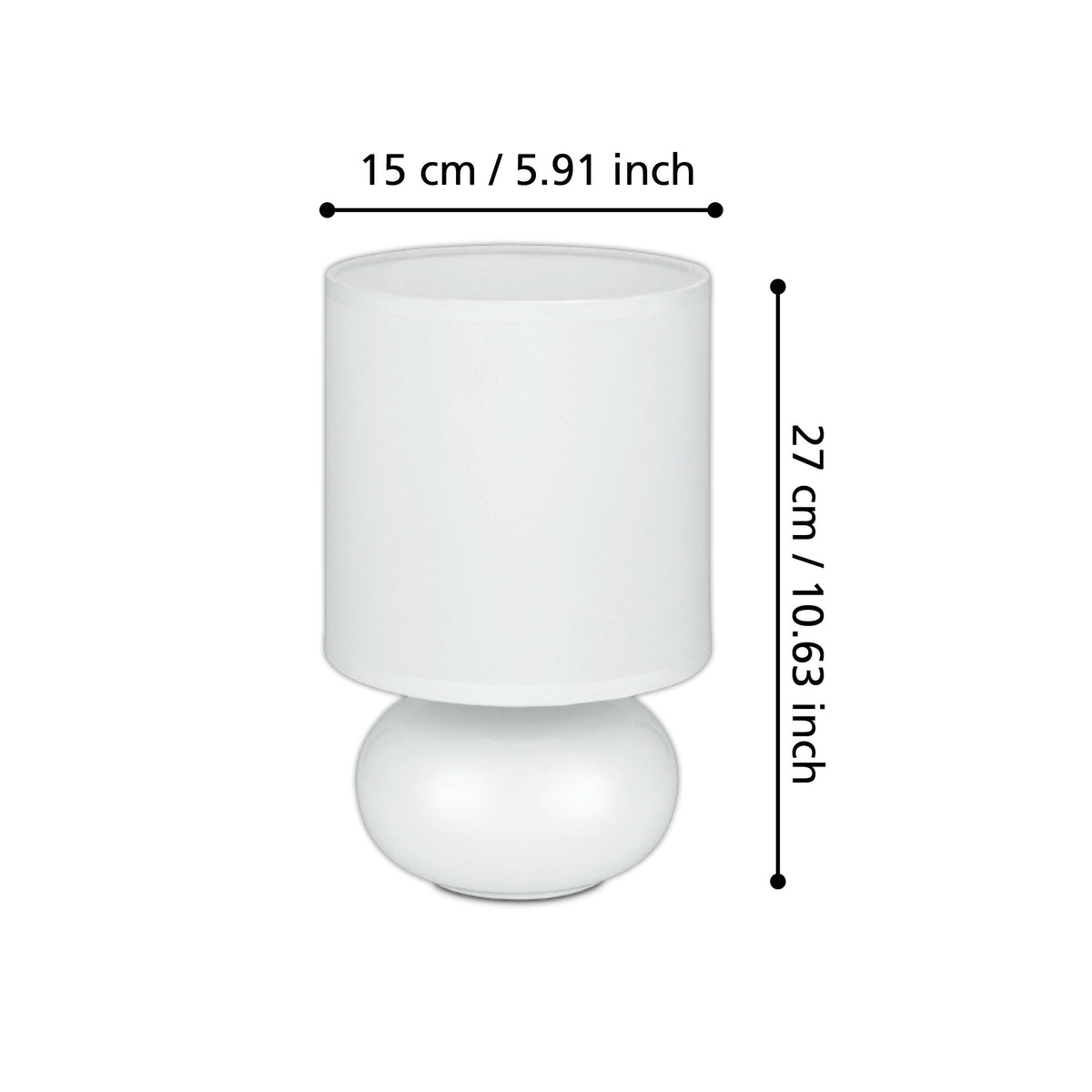 Schéma de dimensions : hauteur 27 cm et diamètre 15 cm indiqués
