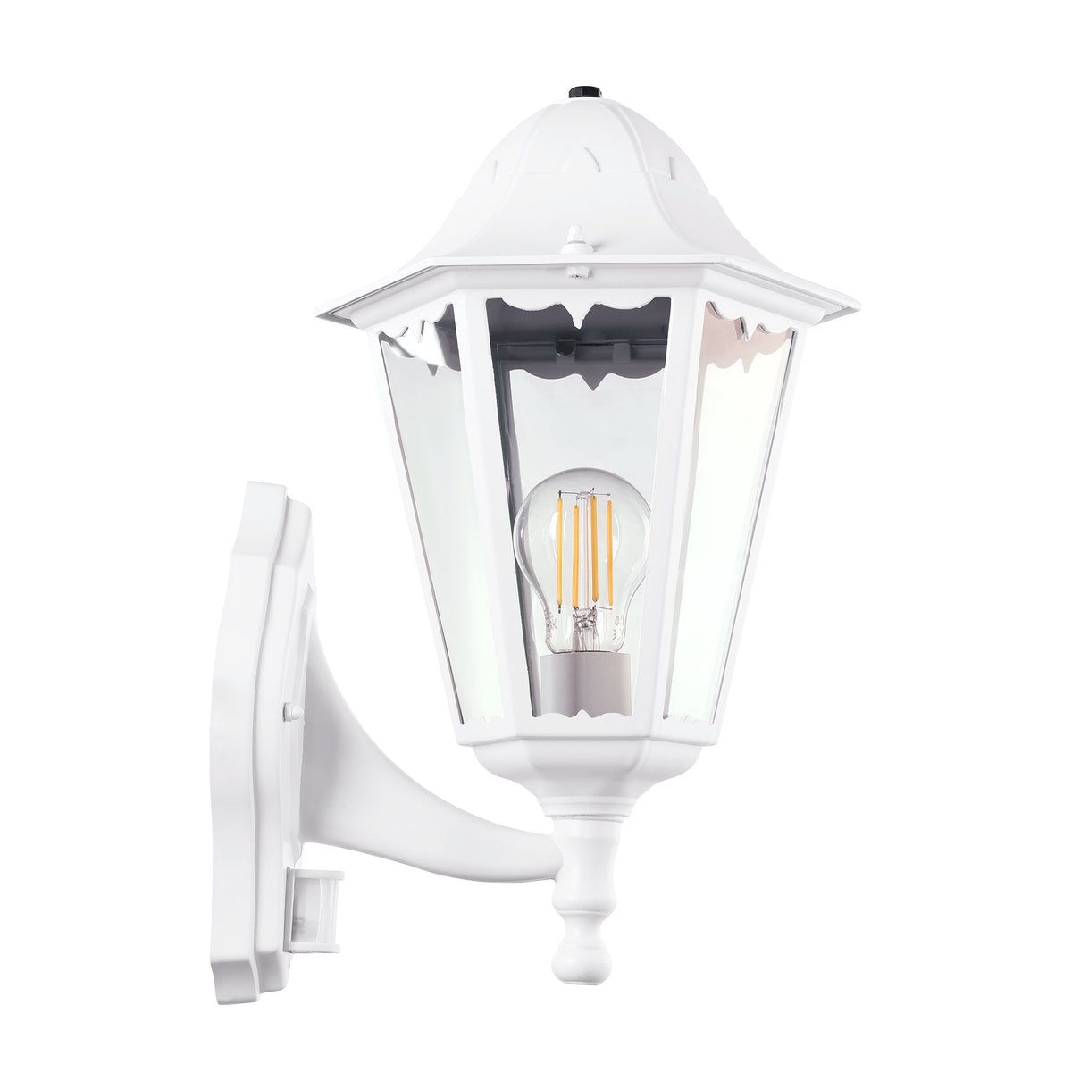 Vue rapprochée de la lanterne blanche, ampoule à filament visible derrière les vitres