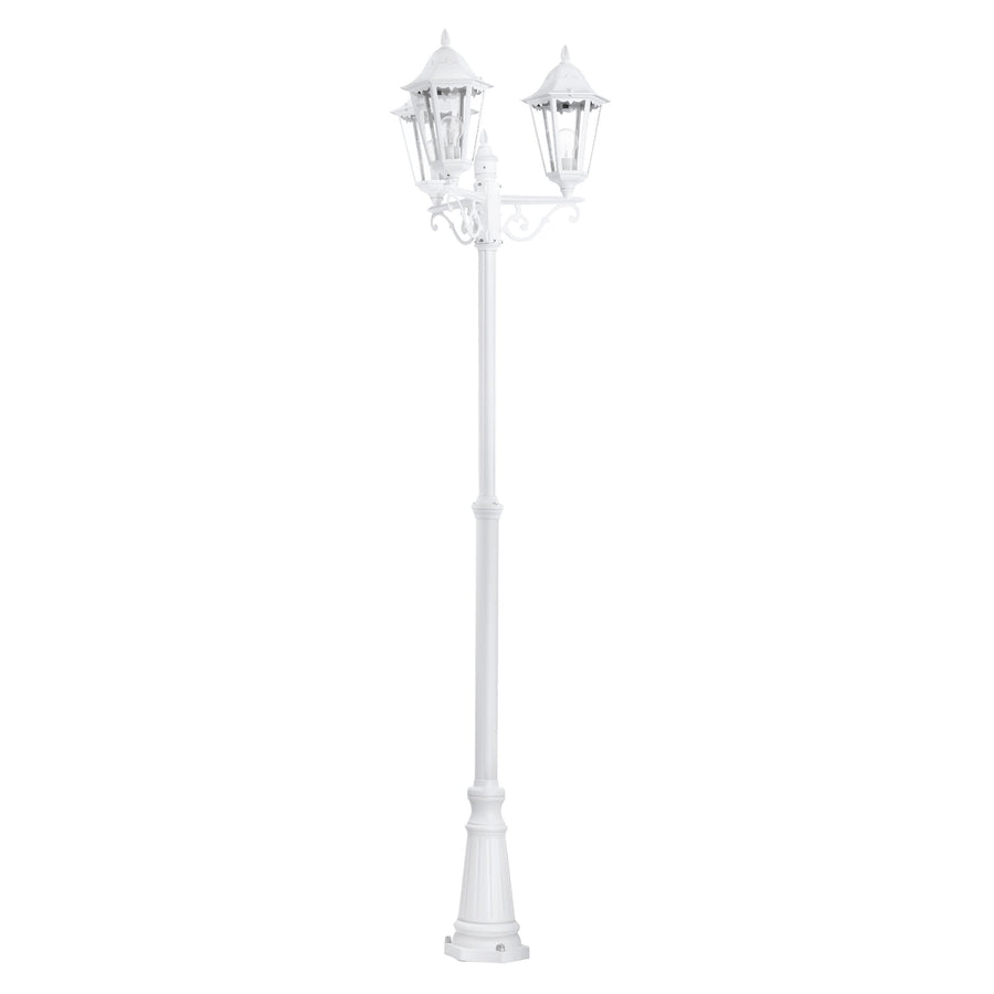 Lampadaire blanc entier présenté de face, mât cannelé et socle mouluré visibles