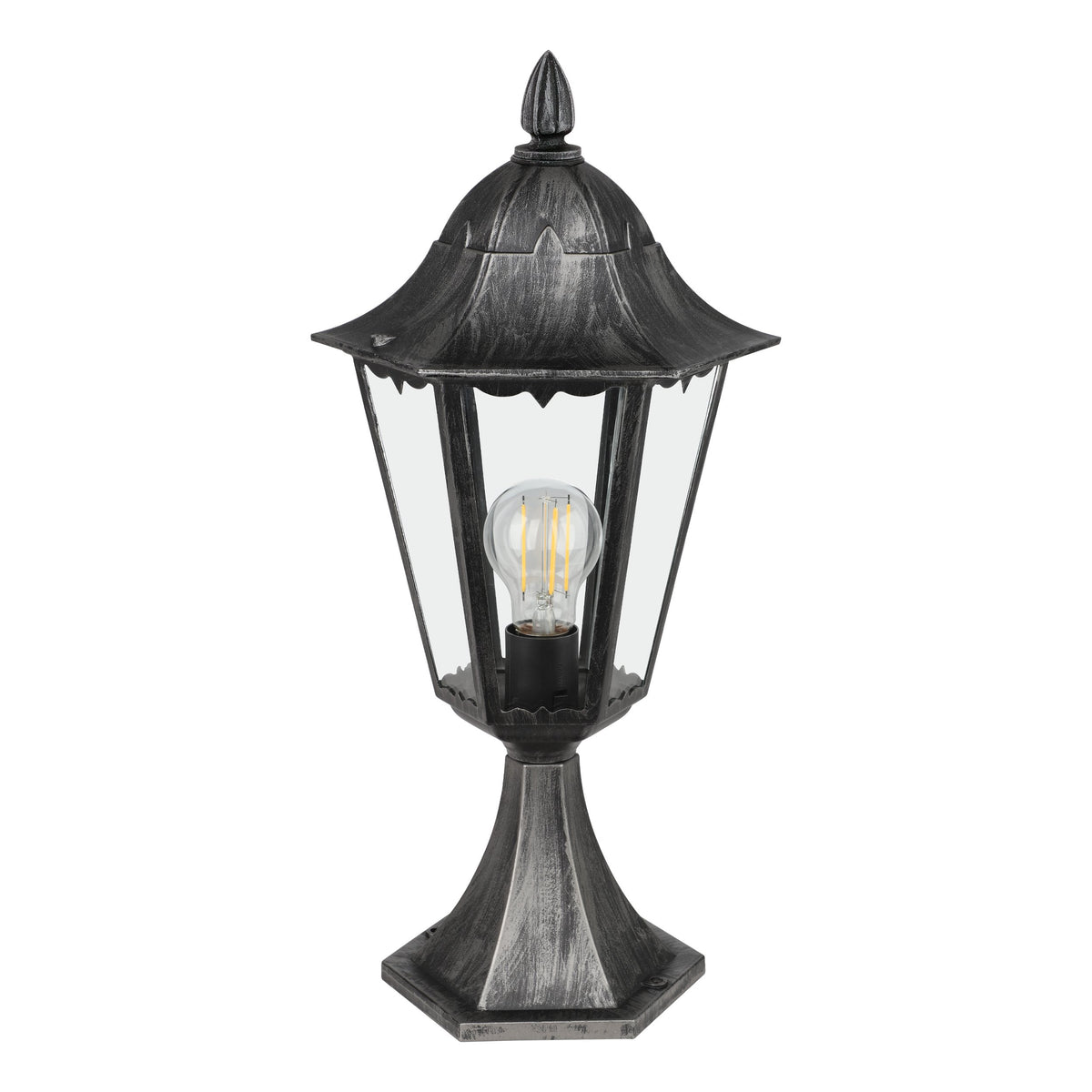 Vue de face détaillée du luminaire complet avec ampoule Edison et base hexagonale.