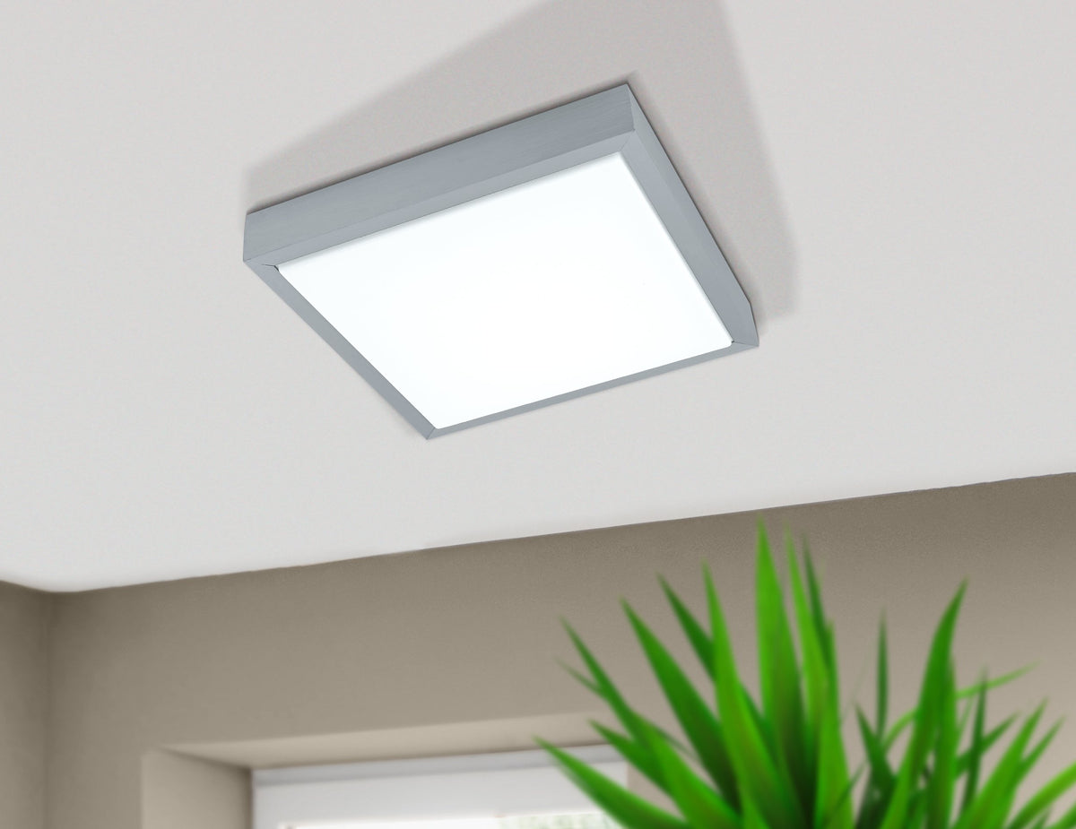 Luminaire carré blanc fixé au plafond dans un intérieur, plante verte au premier plan.
