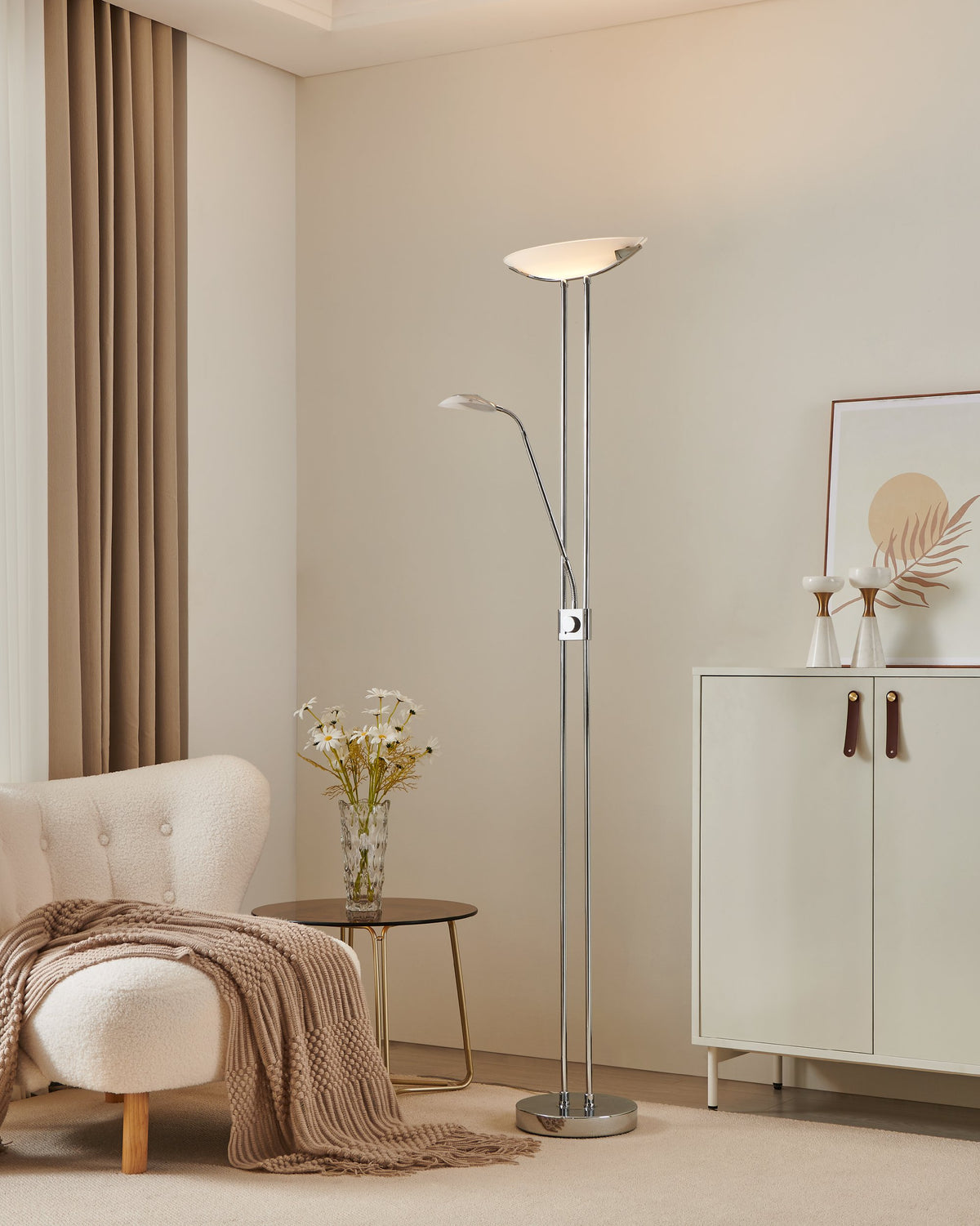 Lampadaire Baya chromé et blanc, verre
