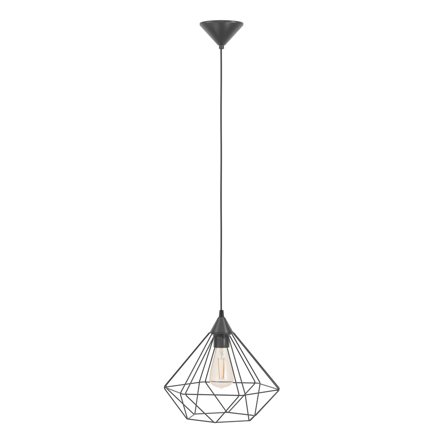 Vue de trois quarts du luminaire suspendu avec ampoule Edison éclairée