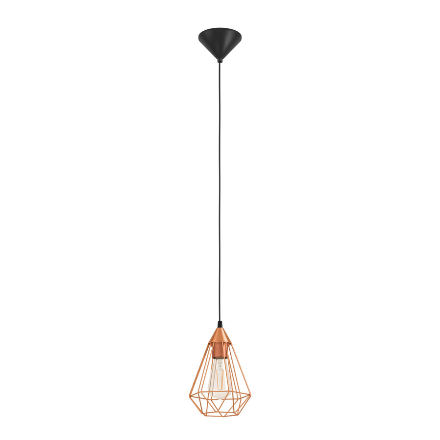 Vue de face du luminaire suspendu, câble noir et cage cuivrée avec ampoule visible