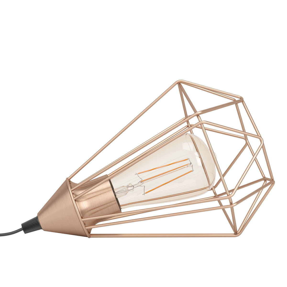 Détail de la douille et de la cage en métal cuivré brossé, ampoule filament.