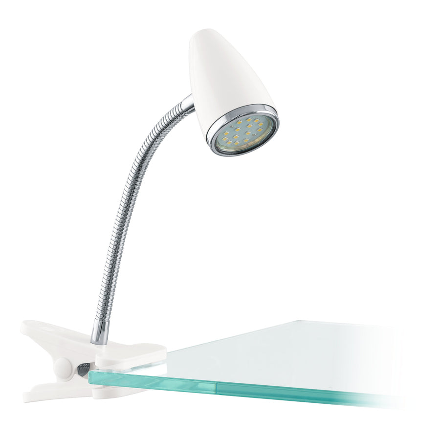 Vue de trois quarts du luminaire sur fond blanc, pince sur verre et LED visibles.