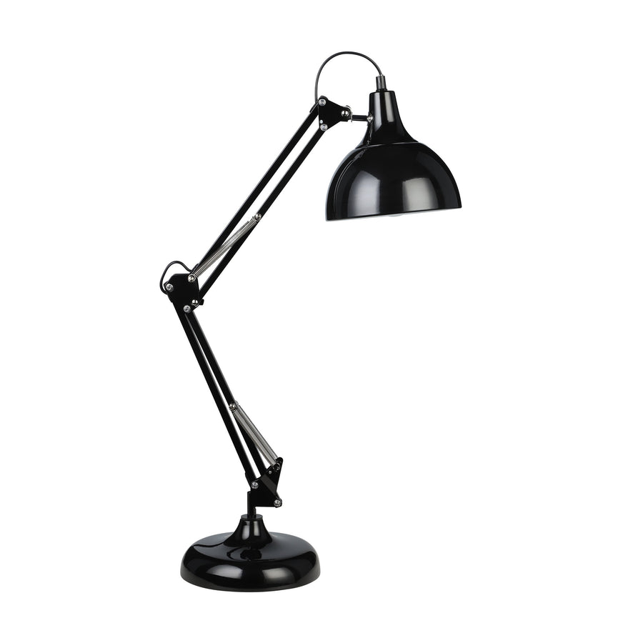 Lampe à poser noire de profil, bras repliés, sur fond blanc.