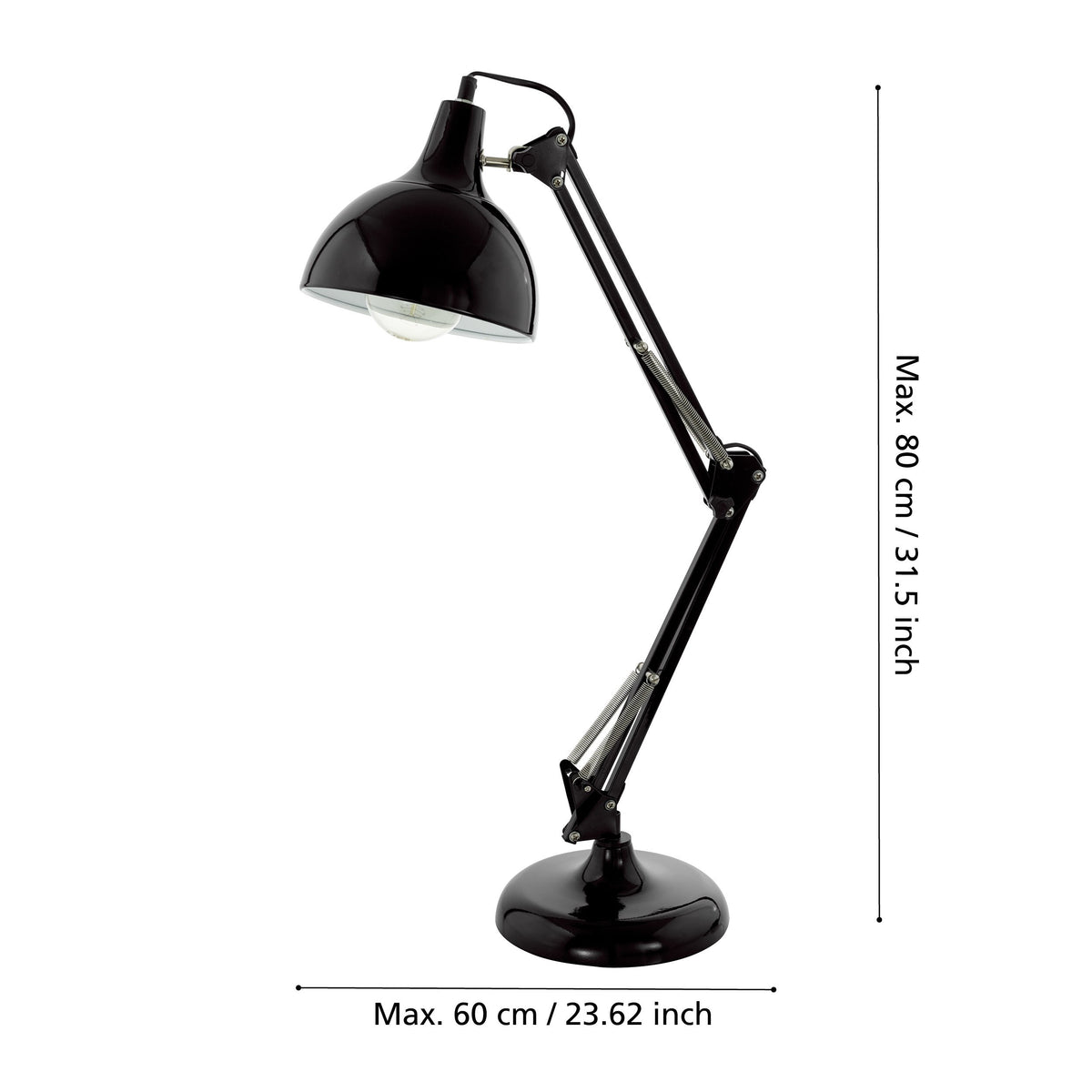 Schéma de dimensions de la lampe : hauteur maximale 80 cm, largeur 60 cm.