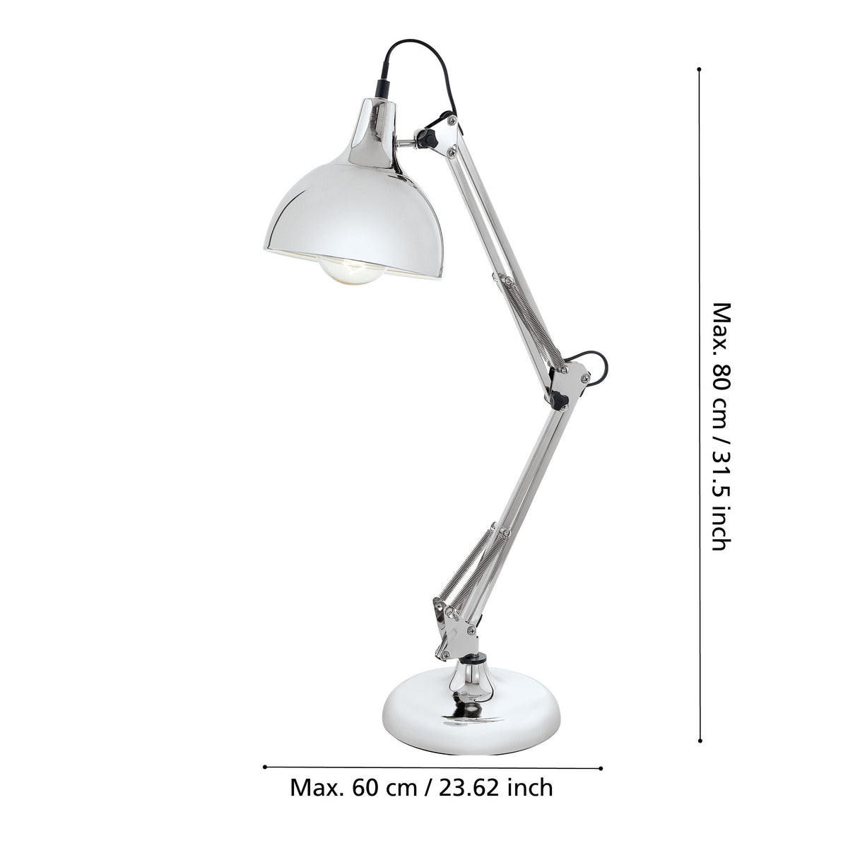 Schéma des dimensions maximales de la lampe dépliée, 90 cm de haut