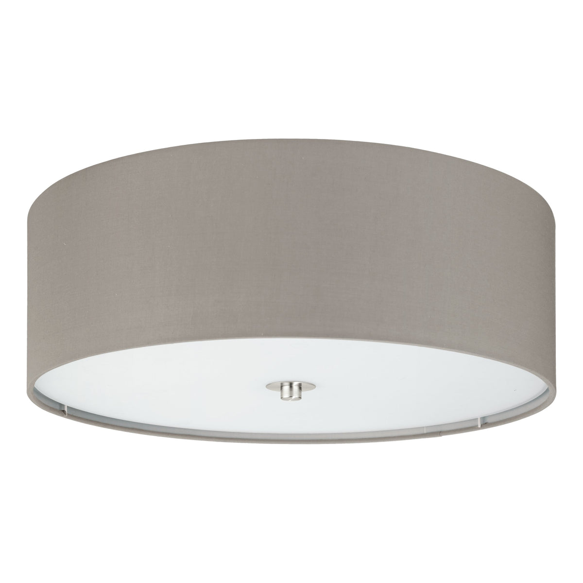 Vue de trois quarts du plafonnier rond taupe, abat-jour et verre opalin blanc