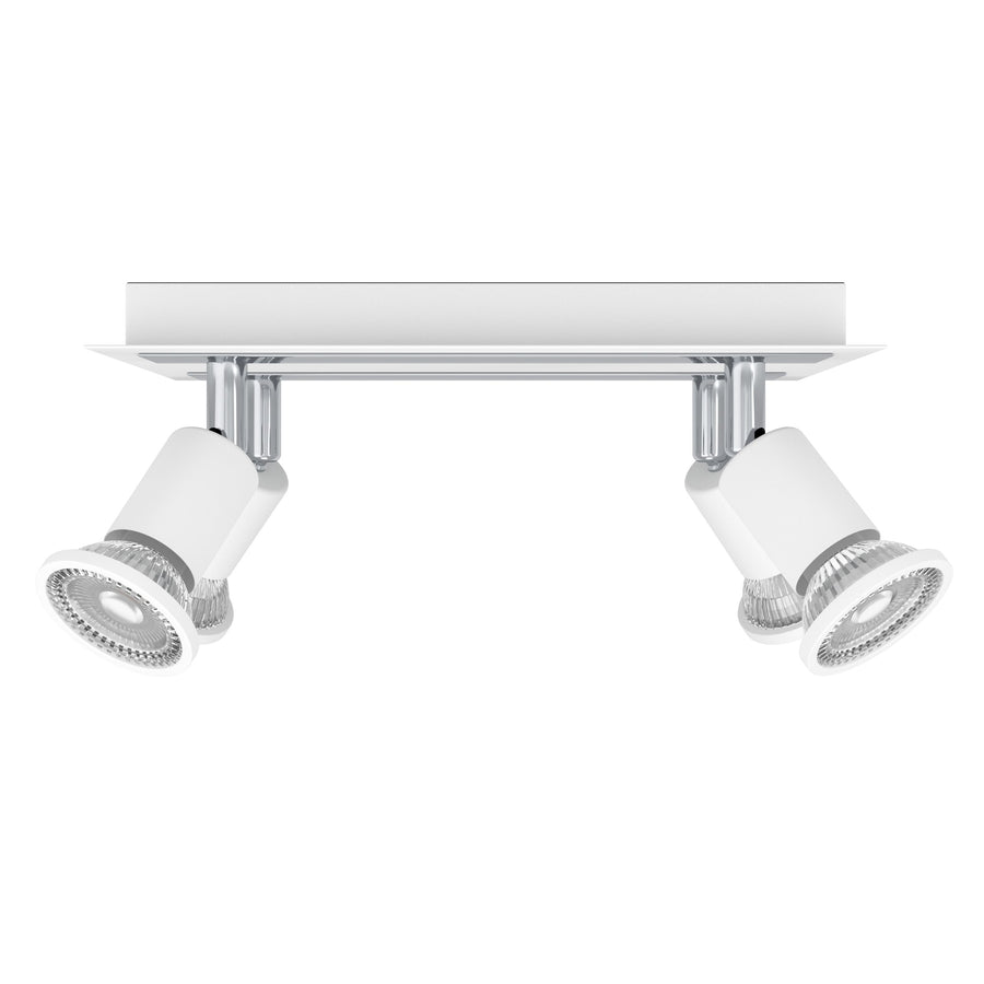 Vue de profil du luminaire avec sa platine blanche et ses projecteurs orientables.