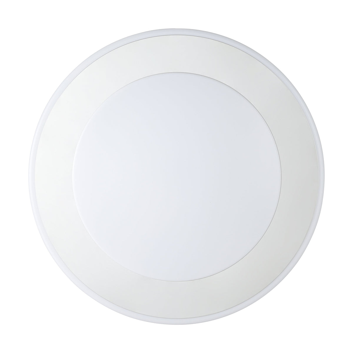 Vue de dessous face au plafonnier rond, diffuseur blanc uni et cerclage clair